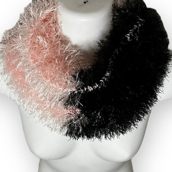 Handmade Women's Hand Knit Pink & Black Fuzzy Faux Fur Yarn Cowl, Neck Warmer - Picture 8 of 11